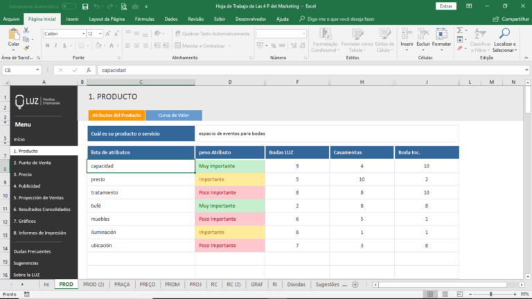 Plantilla marketing mix (4ps) - hoja de calculo Excel