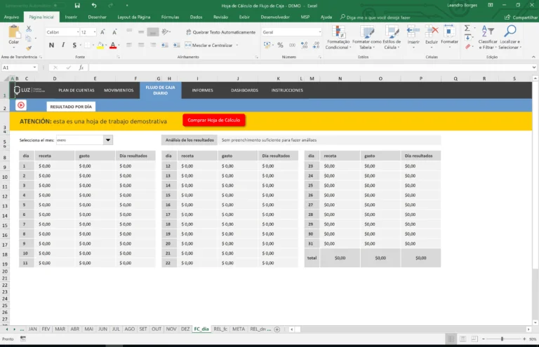 Planilla Fluxo de Caja Excel – Hoja de calculo